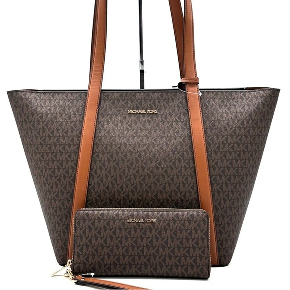Michael Kors Pratt Large Signature Logo Tote Bag & Continental Wallet Brown - Picture 1 of 12